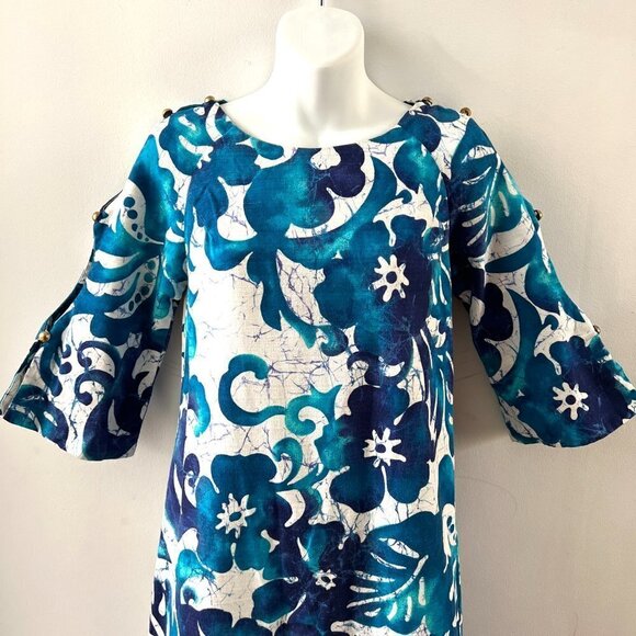 Vintage  60s Hawaiian Barkcloth Maxi Dress Tiki Kahili Honolulu Peekaboo Sleeves - Picture 5 of 12